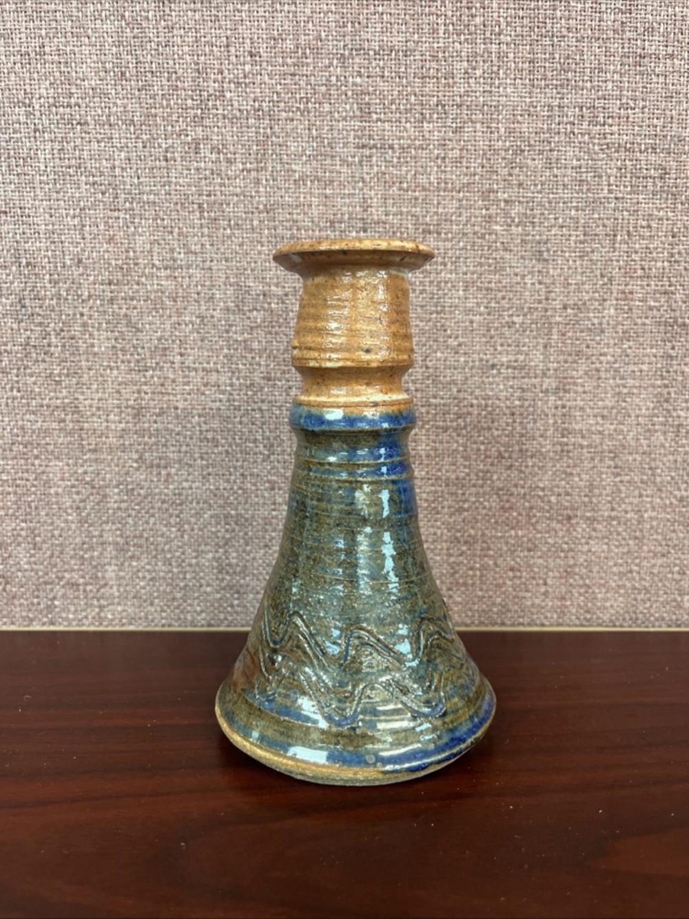 Handcrafted Ceramic Candlestick Holder in Blue and Tan